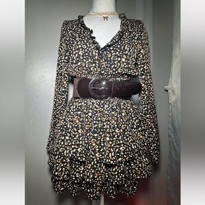 Stylish Black and Brown Patterned Dress with Belt